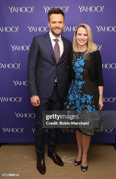 Comedian Joel McHale and president and CEO of Yahoo! Marissa Mayer the 2015 Yahoo Digital Content NewFronts at Avery Fisher Hall on April 27, 2015 in...