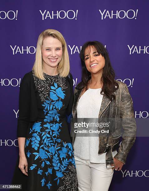 President and CEO of Yahoo! Marissa Mayer and actress Michelle Rodriguez attend the 2015 Yahoo Digital Content NewFronts at Avery Fisher Hall on...