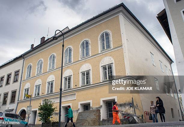 Memorial stone stands outside the house where Adolf Hitler was born in Braunau Am Inn, Austria on April 18, 2015. The weatherworn, three-storey...