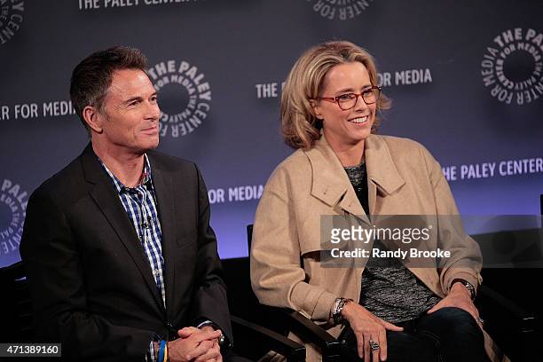 Actor Tim Daly and actress Tea Leoni speak during The Paley Center for Media presents an evening with "Madame Secretary" at Paley Center For Media on...