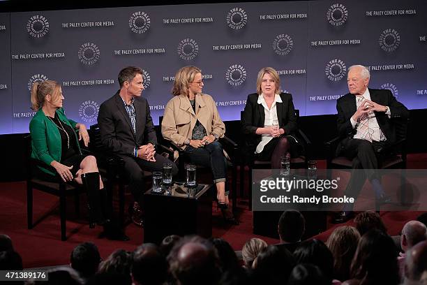 Exectutive producer Lori McCreary, actor Tim Daly, actress Tea Leoni, creator/writer Barbara Hall and panel moderator Bob Schieffer onstage during...