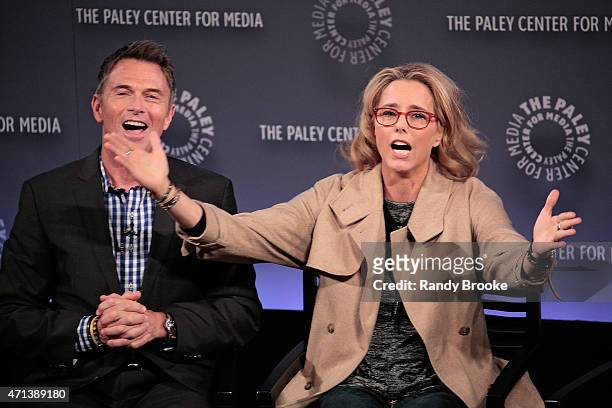 Actor Tim Daly and actress Tea Leoni speak during The Paley Center for Media presents an evening with "Madame Secretary" at Paley Center For Media on...