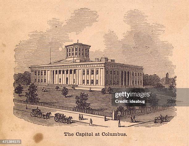 black and white illustration of the capitol at columbus, 1800's - columbus ohio landmark stock illustrations