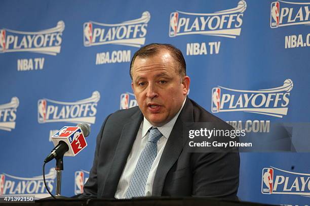 Head Coach Tom Thibodeau of the Chicago Bulls talks to the media after Game Five of the Eastern Conference Quarterfinals against the Milwaukee Bucks...