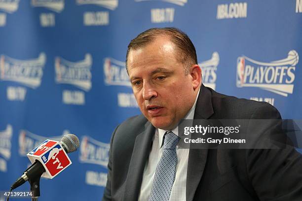 Head Coach Tom Thibodeau of the Chicago Bulls talks to the media after Game Five of the Eastern Conference Quarterfinals against the Milwaukee Bucks...