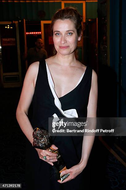 Winner of the 'Moliere de la Comedienne dans un spectacle de Theatre public' with 'Platonov', Emmanuelle Devos attends the 27th 'Nuit Des Molieres'...