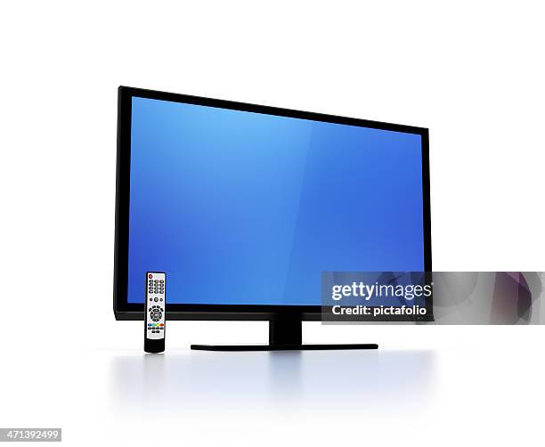 blue screen on flat hd tv with remote control - television industry stockfoto's en -beelden