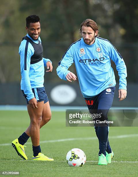 Josh Kennedy of Melbourne City controls the ball during a Melbourne City FC A-League training session at City Academy on April 28, 2015 in Melbourne,...