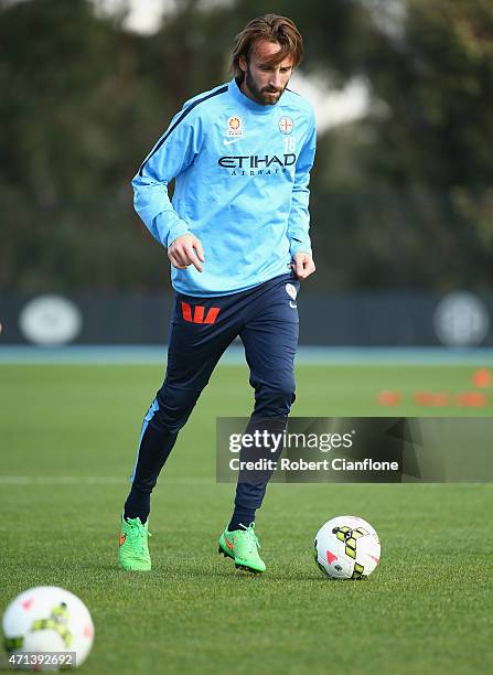 Josh Kennedy of Melbourne City controls the ball during a Melbourne City FC A-League training session at City Academy on April 28, 2015 in Melbourne,...