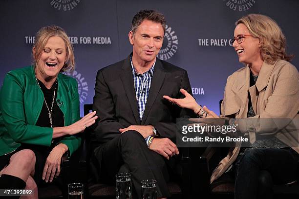 Exectutive producer Lori McCreary, actor Tim Daly and actress Tea Leoni speak onstage during The Paley Center for Media presents an evening with...