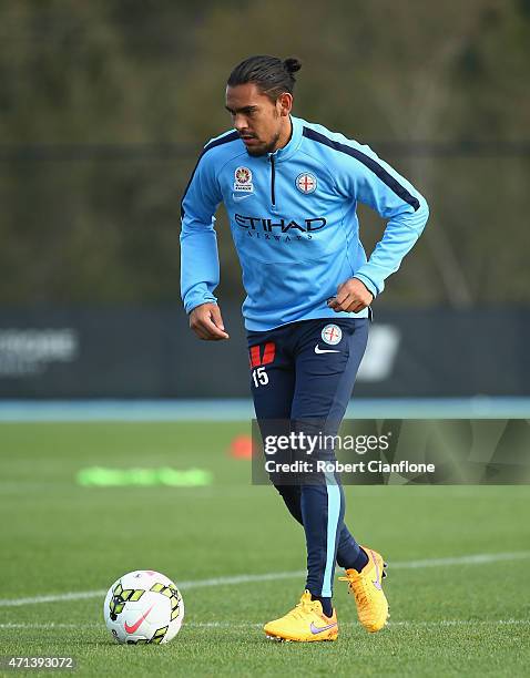 David Williams of Melbourne City runs with the ball during a Melbourne City FC A-League training session at City Academy on April 28, 2015 in...