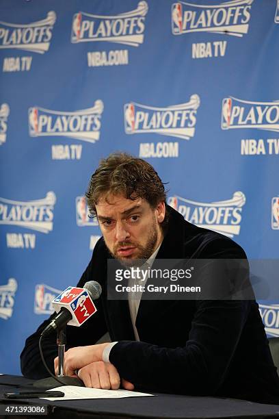 Pau Gasol of the Chicago Bulls talks to the media after Game Five of the Eastern Conference Quarterfinals against the Milwaukee Bucks during the NBA...
