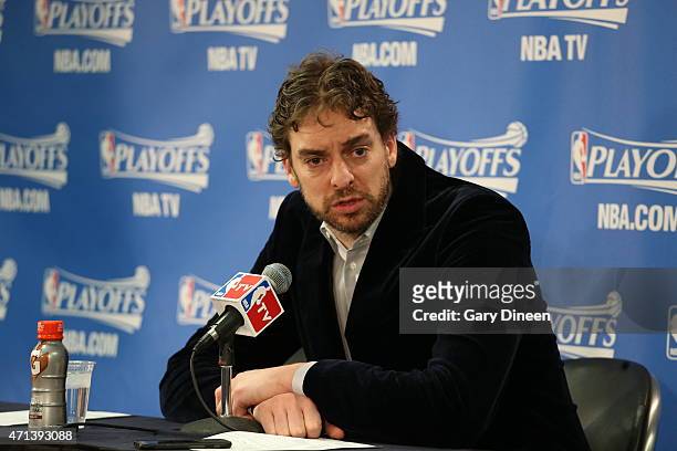 Pau Gasol of the Chicago Bulls talks to the media after Game Five of the Eastern Conference Quarterfinals against the Milwaukee Bucks during the NBA...