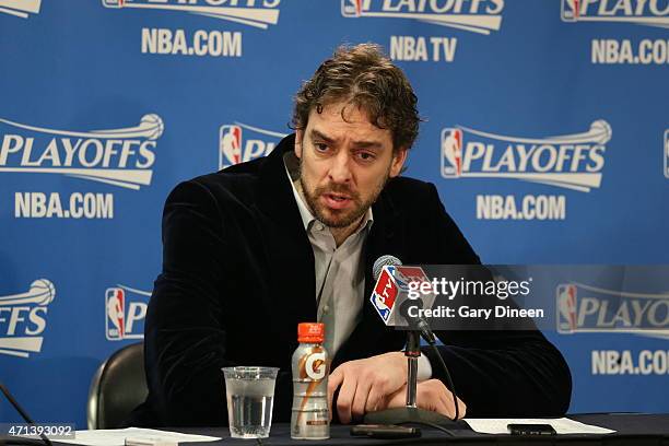 Pau Gasol of the Chicago Bulls talks to the media after Game Five of the Eastern Conference Quarterfinals against the Milwaukee Bucks during the NBA...