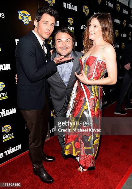 Actors James Marsden, Kathryn Hahn, and Jack Black attend the Los Angeles premiere of IFC Films' "THE D TRAIN" presented by Banana Boat at ArcLight...