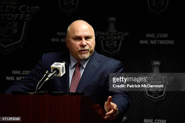 Head coach Barry Trotz of the Washington Capitals speaks with the media following a 2-1 victory against the New York Islanders in Game Seven of the...