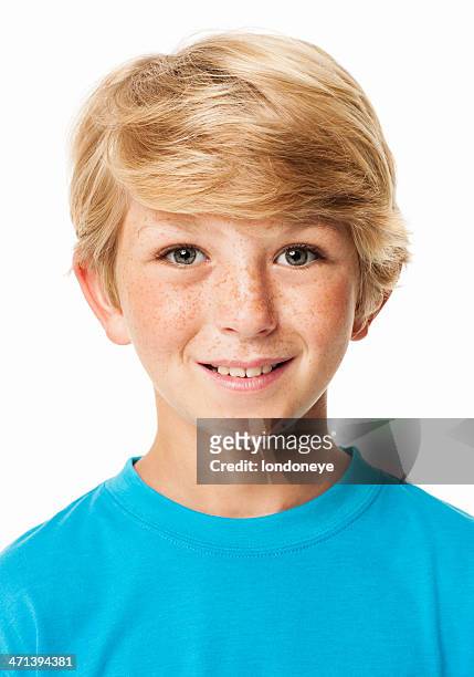 lächelnd hübsches boy-isoliert - bub 8 jahre stock-fotos und bilder