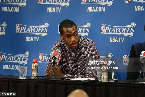 Khris Middleton of the Milwaukee Bucks speaks to the media after Game Five of the Eastern Conference Quarterfinals against the Chicago Bulls during...