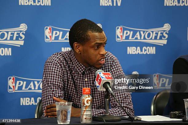 Khris Middleton of the Milwaukee Bucks speaks to the media after Game Five of the Eastern Conference Quarterfinals against the Chicago Bulls during...