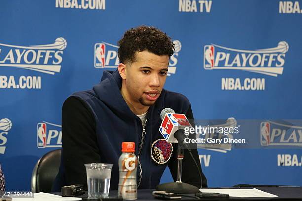 Michael Carter-Williams of the Milwaukee Bucks speaks to the media after Game Five of the Eastern Conference Quarterfinals against the Chicago Bulls...