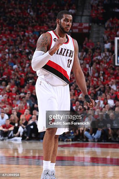LaMarcus Aldridge of the Portland Trail Blazers handles the ball against the Memphis Grizzlies in Game Four of the Western Conference Quarterfinals...