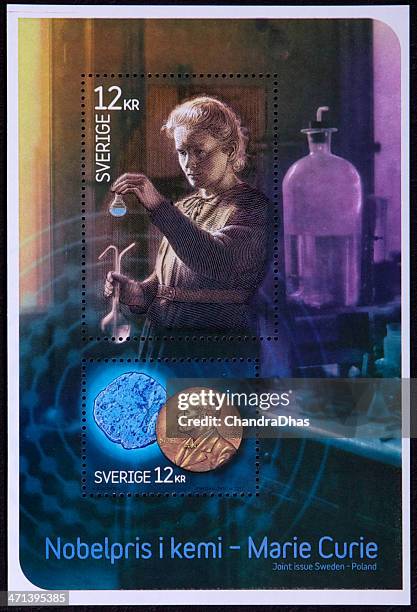 philately - swedish commemorative stamps; nobel prize winner, marie curie. joint postal issue by sweden and poland - nobel prize coin stock pictures, royalty-free photos & images