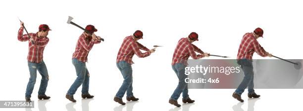 multiple images of a lumberjack in action - axe stock pictures, royalty-free photos & images