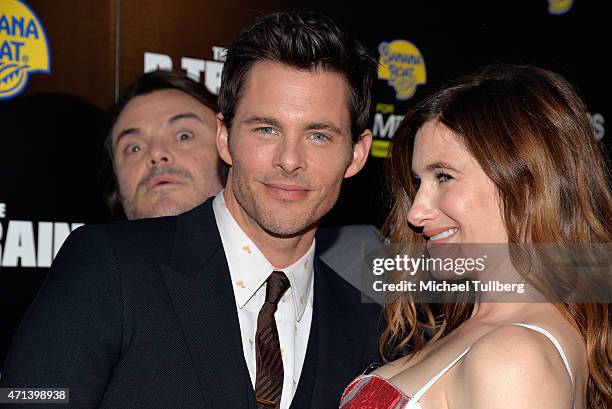 Actors James Marsden and Kathryn Hahn get photobombed by actor Jack Black at the premiere of IFC Films' "The D Train" at ArcLight Hollywood on April...