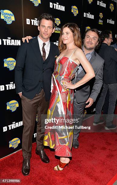Actors James Marsden and Kathryn Hahn get photobombed by actor Jack Black at the premiere of IFC Films' "The D Train" at ArcLight Hollywood on April...
