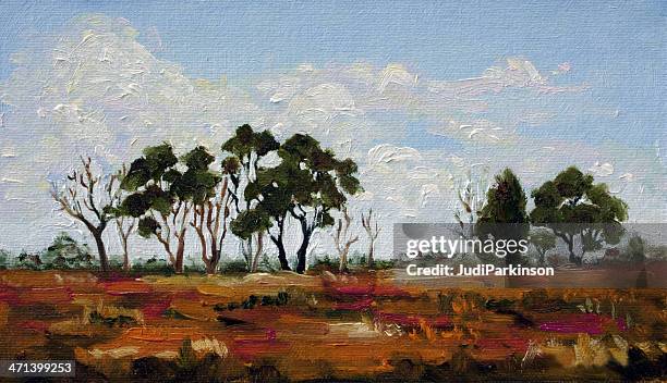 ilustraciones, imágenes clip art, dibujos animados e iconos de stock de australian paisaje cuadro al óleo - oleo