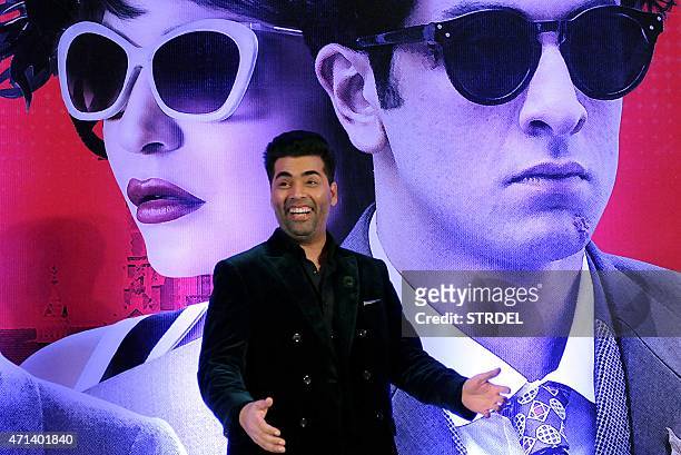 Indian Bollywood actor Karan Johar speaks during a promotional event for the forthcoming Hindi film 'Bombay Velvet' directed and co-produced by...