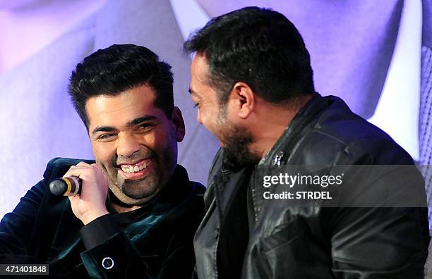 Indian Bollywood actor Karan Johar speaks during a promotional event for the forthcoming Hindi film 'Bombay Velvet'directed and co-produced by Anurag...