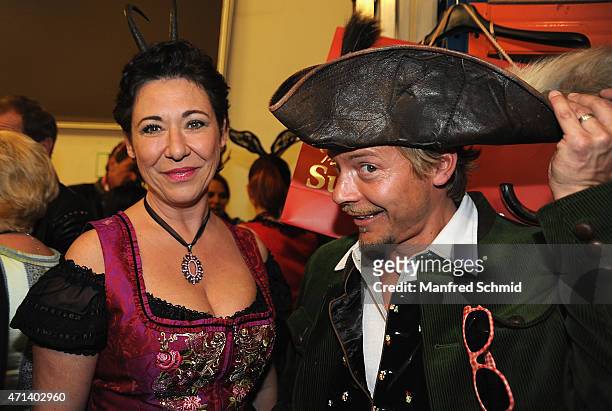 Andrea Haendler and Christoph von Friedl pose for a photograph during the Pro Juventute Charity Fashion Show at Studio 44 on April 27, 2015 in...