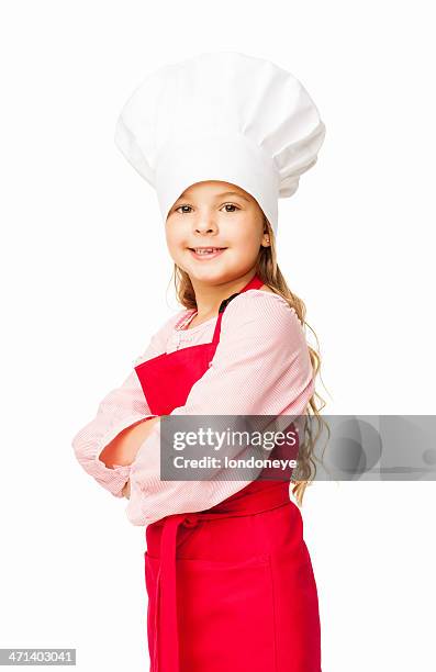 cute girl dressed up as a chef - isolated - kid chef stock pictures, royalty-free photos & images