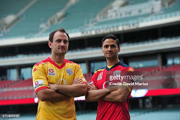 Eugene Galekovic and Marcelo Carrusca pose during an Adelaide United A-League media opportunity at Adelaide Oval on April 28, 2015 in Adelaide,...