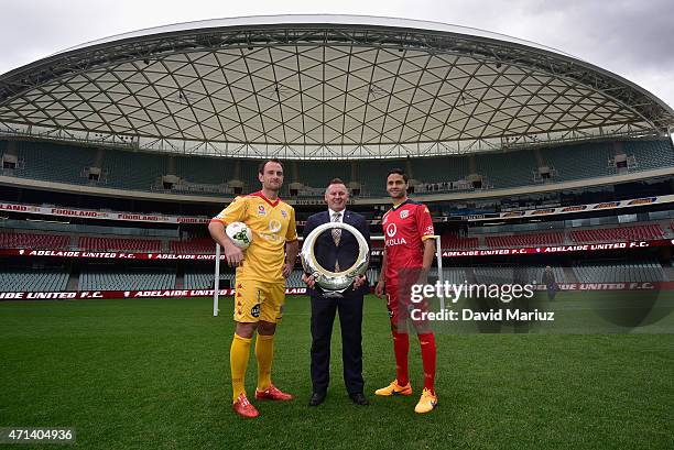 Eugene Galekovic, Damien de Bohum, and Marcelo Carrusca pose during an Adelaide United A-League media opportunity at Adelaide Oval on April 28, 2015...