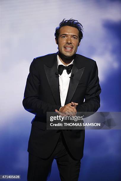 French actor and master of ceremony Nicolas Bedos speaks during the 27th Molieres French theatre award ceremony on April 27, 2015 at the Folies...