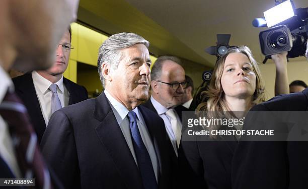 Deutsche Bank ex-chief executive Josef Ackermann arrives for the start of his trial at court in Munich, southern Germany, on April 28, 2015....