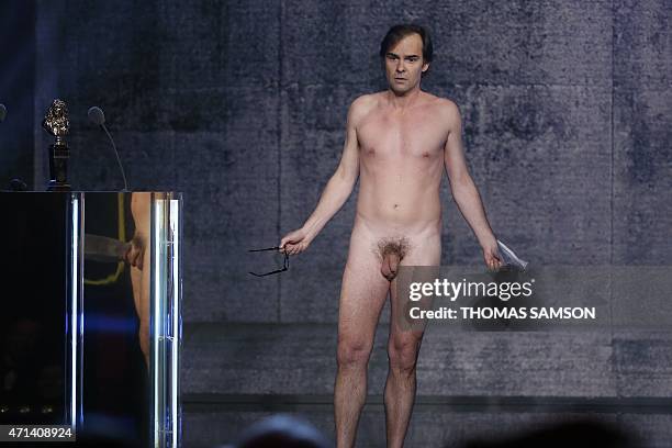 French actor and writer Sebastien Thiery performs naked during the 27th Molieres French theatre award ceremony on April 27, 2015 at the Folies...