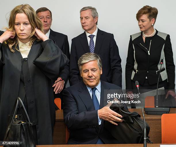 The co-CEO of Deutsche Bank Juergen Fitschen and former CEO of Deutsche Bank Josef Ackermann arrive for the first day of their trial in connection...
