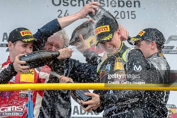 Mick Schumacher celebrates after winning race three of the ADAC Formula Four championship at Motorsport Arena Oschersleben on April 25, 2015 in...