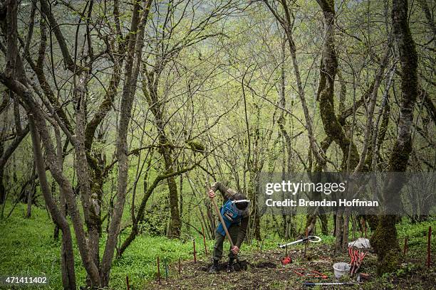 Arkadiy Aghajanyan, a sapper with the charity HALO Trust, works to dig a staircase into the side of a steep hill that will soon be cleared of land...