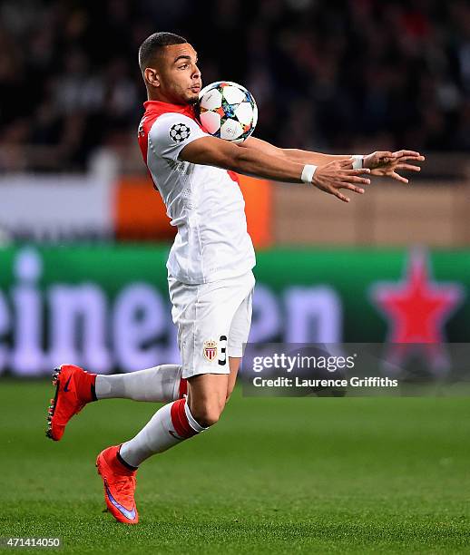 Layvin Kurzawa of Monaco in action during the UEFA Champions League Quarter Final Second Leg match between AS Monaco FC and Juventus at Stade Louis...