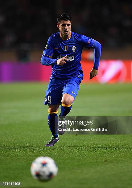 Alvaro Morata of Juventus in action during the UEFA Champions League Quarter Final Second Leg match between AS Monaco FC and Juventus at Stade Louis...