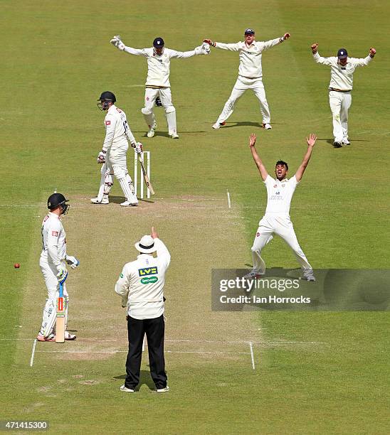 Usman Arshad of Durham claims the wicket of Matt Machan during day 3 of the LV County Championship match between Durham CCC and Sussex CCC at The...