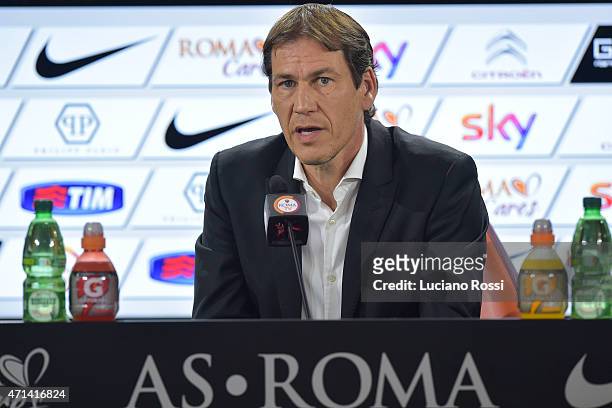 Coach of AS Roma Rudi Garcia attends a press confererence on April 28, 2015 in Rome, Italy.