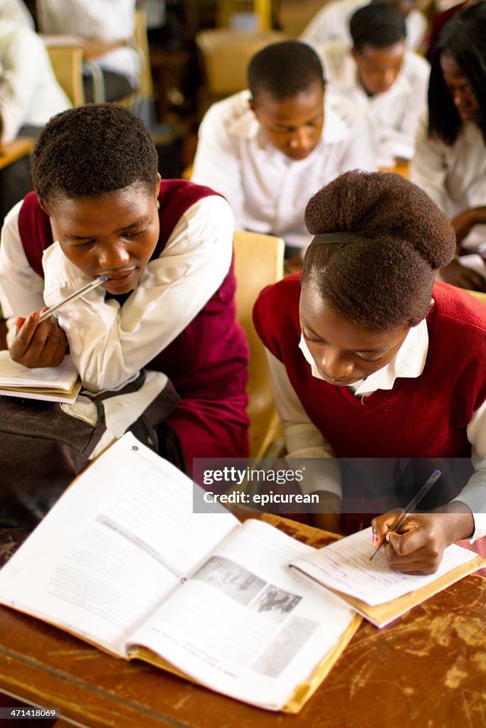 Portrait of South African girls studying in a rural classroom