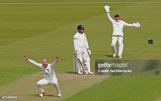 Bowler Chris Rushworth of Durham and wicket keeper Phil Mustard appeal for the wicket of Matt Machan during day 3 of the LV County Championship match...