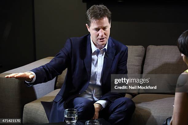 Nick Clegg interview with Angie Greaves for Bauer City Network on April 28, 2015 in London, England.