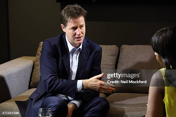 Nick Clegg interview with Angie Greaves for Bauer City Network on April 28, 2015 in London, England.